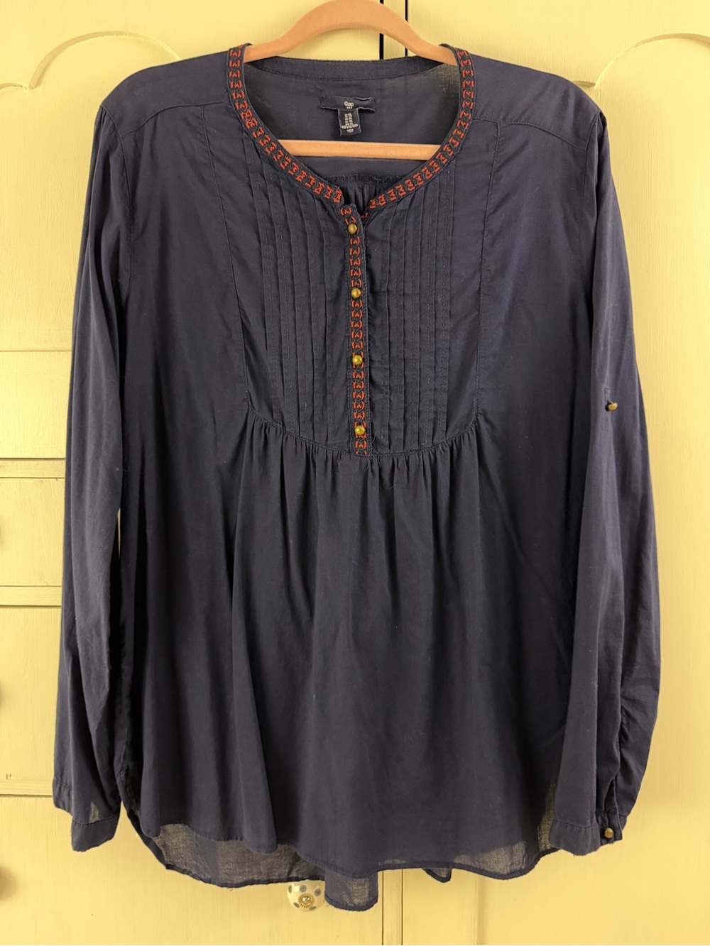 GAP Navy Long-Sleeve Pintuck Peasant Tunic with Embroidered Trim XL